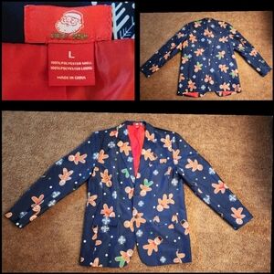 LARGE Tall Men Dec 25th Blue Gingerbread Christmas Blazer Jacket LIGHTS UP